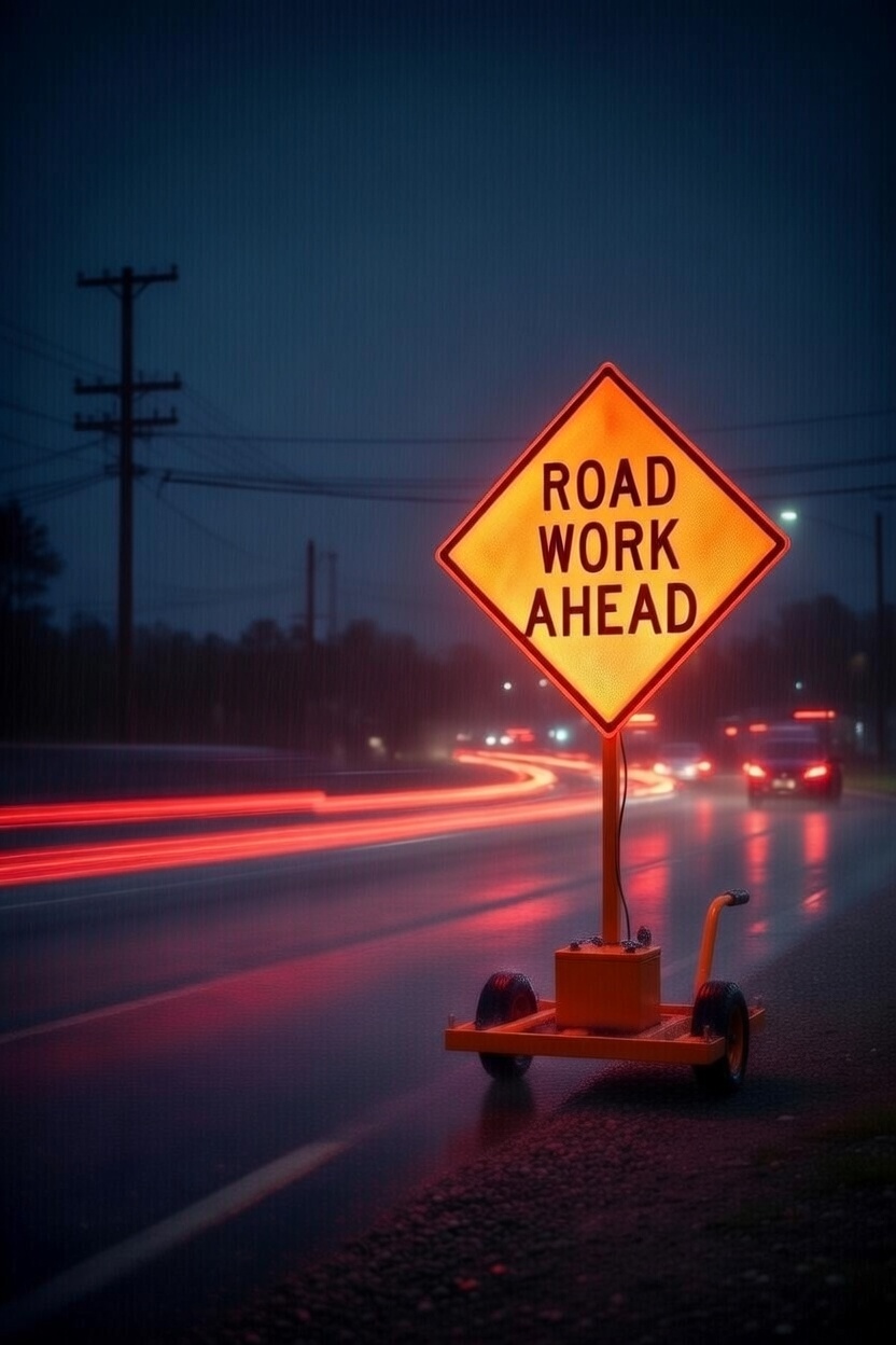 Portable illuminated roadwork ahead sign